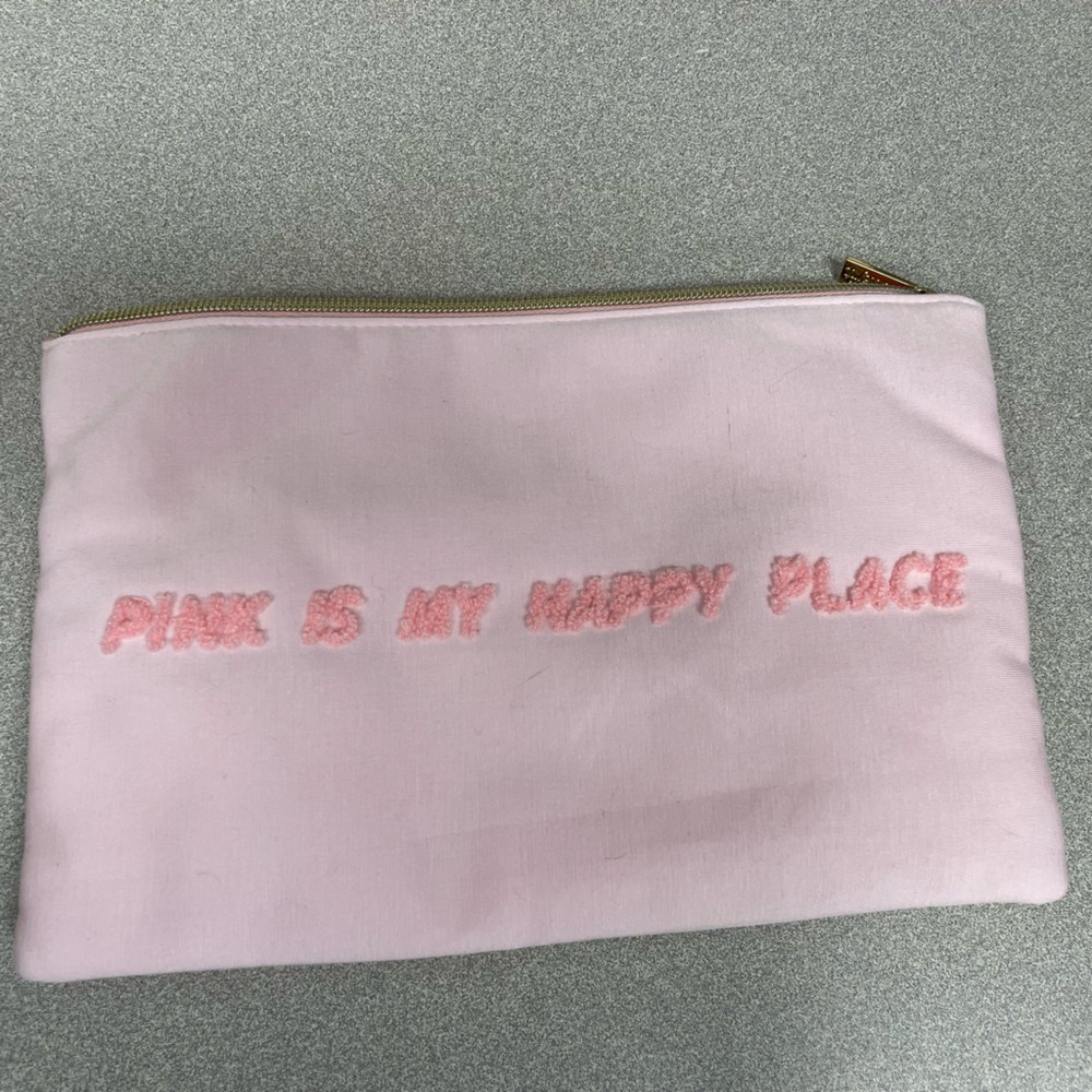 Pink Zipper Pouch with Embroidered Text